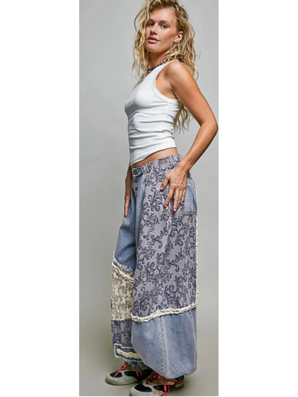 NEW Pol Free People Style Lace Patchwork Embroidery Denim Baggy Pants size S M L